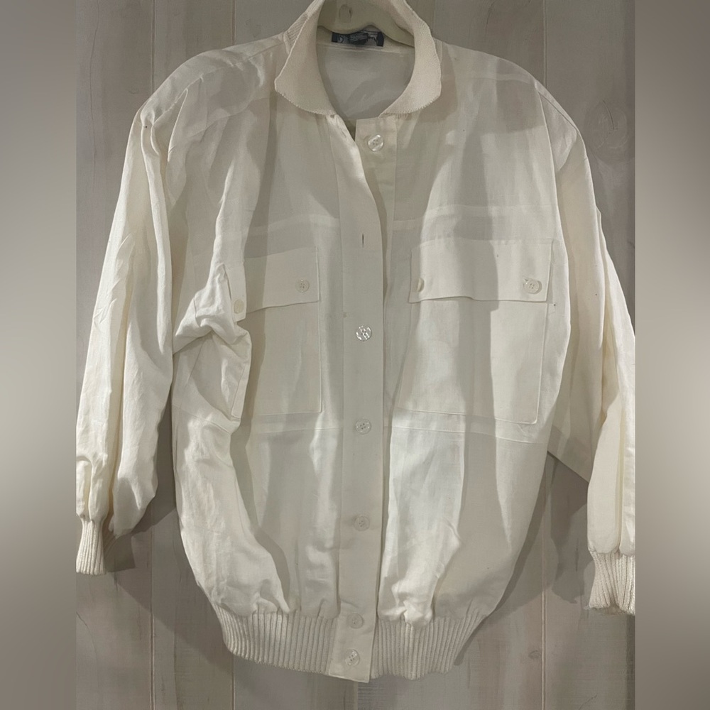 80’s Button up Bomber style White Jacket. Ramie/Cotton size 12 Hong Kong lined
